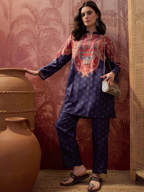 Buy Sangria Printed Mandarin Collar Tunic & Trousers Co Ords - - Apparel for Women