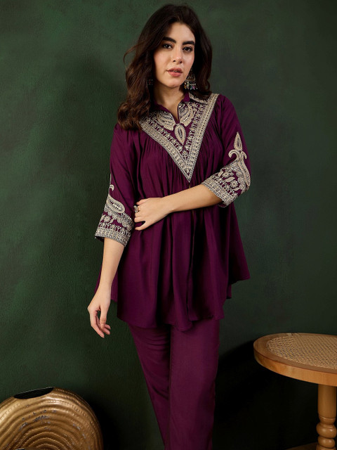Sangria Embroidered Tunic with Trousers