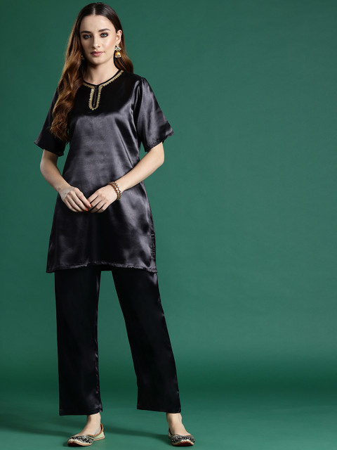 Sangria Sequin Detail Satin Finish Ethnic Co-ord