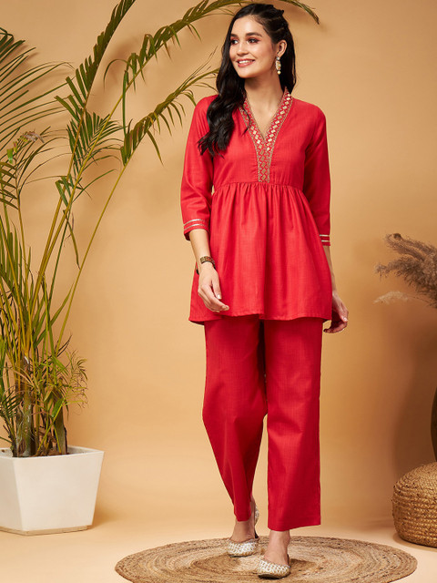Buy Shae By SASSAFRAS Red Embellished Gathered Tunic With Palazzos - - Apparel for Women