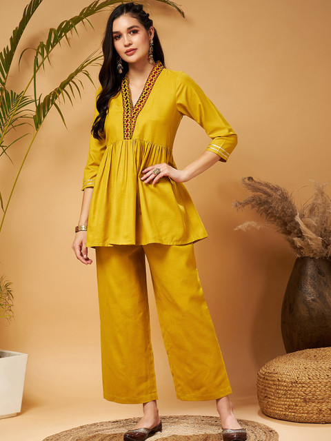 Buy Shae By SASSAFRAS Mustard Yellow Empire Tunic With Trouser - - Apparel for Women