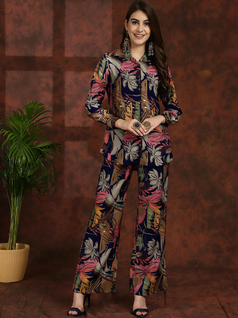 Buy Claura Navy Blue Floral Printed Shirt Collar Tunic With Trousers Co Ords - - Apparel for Women