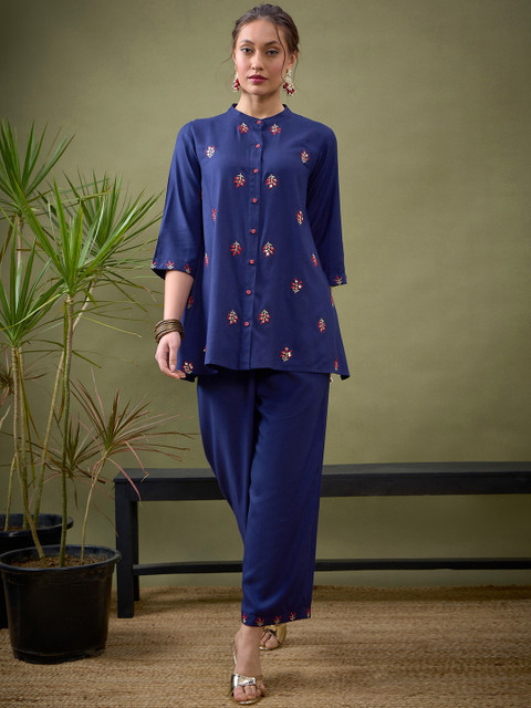 Buy Shae By SASSAFRAS Blue Embroidered Shirt With Palazzos Co Ords - - Apparel for Women