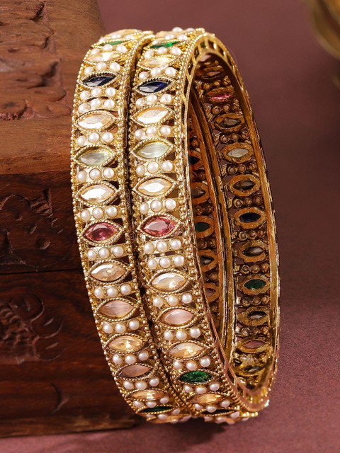 Buy Rubans Set Of 2 18K Gold Plated Mini Pearl Studded & Multi Coloured Stone Patterned Bangle - - Accessories for Women