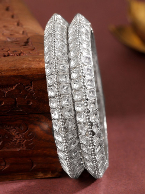 Buy Rubans Set Of 2 Silver Plated White Kundan Studded Broad Traditional Bangles - - Accessories for Women