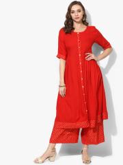 Sangria Women Red Solid Anarkali Kurta with Palazzos