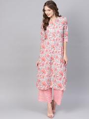 GERUA Women White & Pink Printed Kurta with Palazzos