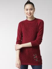 Madame Women Maroon Solid Longline Sweater