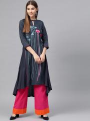 W Women Navy Blue Printed A-Line Kurta