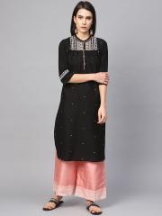 W Women Black Embroidered Straight Kurta