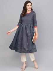 W Women Navy Blue Printed A-Line Kurta