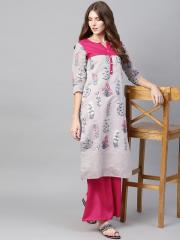 Ahalyaa Women Grey & Pink Printed Kurta with Palazzos