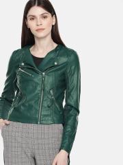 Vero Moda Women Green Solid Biker Jacket