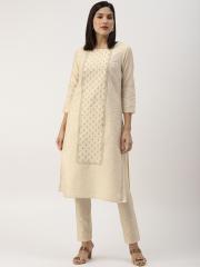 IMARA Women Beige Printed Kurta with Trousers