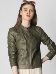 Vero Moda Women Green Solid Biker Jacket