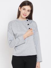 Belle Fille Women Grey Melange Solid Sweatshirt