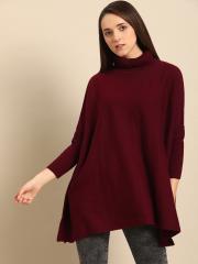 DressBerry Women Maroon Solid Sweater Poncho