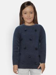 Allen Solly Junior Girls Navy Blue Solid Sweater with Applique Detail