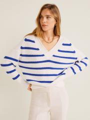 MANGO Women White & Blue Striped Sweater