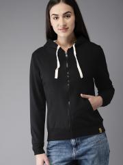 Campus Sutra Women Black Solid Hooded Sweatshirt