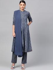 Biba Women Navy Blue Printed Kurta with Trousers & Dupatta