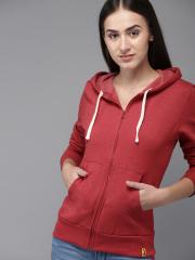 Campus Sutra Women Maroon Solid Hooded Sweatshirt