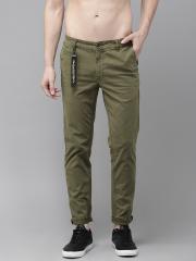 Roadster Men Olive Green Solid Chinos