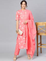 AKS Women Pink & White Printed Kurta with Trousers & Dupatta