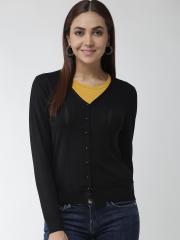 Madame Women Black Self Design Cardigan