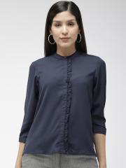 Park Avenue Women Navy Blue Solid Shirt Style Top