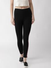 plusS Women Black Solid Cropped Leggings with Side Taping Detail