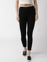 plusS Women Black Solid Cropped Leggings with Side Taping Detail