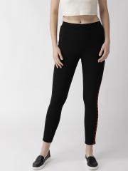 plusS Women Black Solid Cropped Leggings with Side Taping Detail