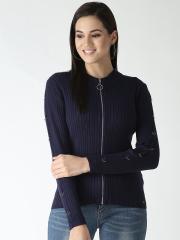 Madame Women Navy Blue Ribbed Sweater