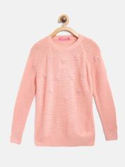 Wingsfield Girls Peach-Coloured Embroidered Sweater