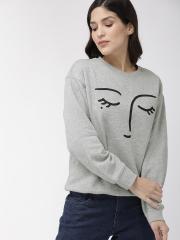 FOREVER 21 Women Grey Melange Printed Sweatshirt