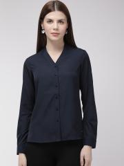 Park Avenue Women Navy Blue Solid Shirt Style Top