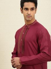 House of Pataudi Men Maroon Solid Straight Kurta