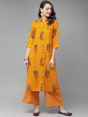 Anouk Women Mustard Yellow Printed Kurta with Palazzos