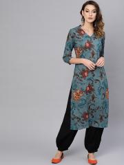 AKS Women Blue & Black Printed Kurta with Trousers