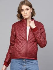 SASSAFRAS Women Maroon Solid Quilted Jacket