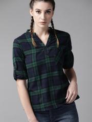 Roadster Women Navy & Green Checked Shirt Style Top