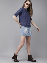 Roadster Women Navy Blue Checked Shirt Style Top