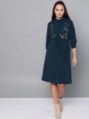 Marie Claire Women Navy Blue Solid Shirt Dress with Embroidered Detail