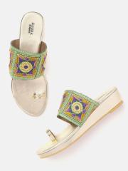 Anouk Women Green & Purple Embroidered Wedges