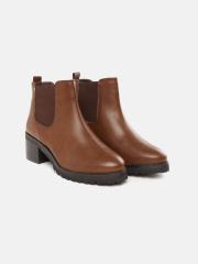 Roadster Women Brown Solid Mid-Top Heeled Chelsea Boots