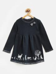 Nauti Nati Girls Navy Blue Solid Sweater Dress with Embroidered Detail