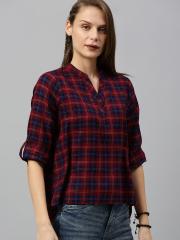 The Roadster Lifestyle Co Women Red & Blue Checked Shirt Style Top with Roll-Up Sleeves