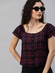 Roadster Women Black  Burgundy Checked Shirt Style Top