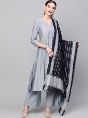 AKS Women Blue Solid Kurta with Palazzos & Dupatta